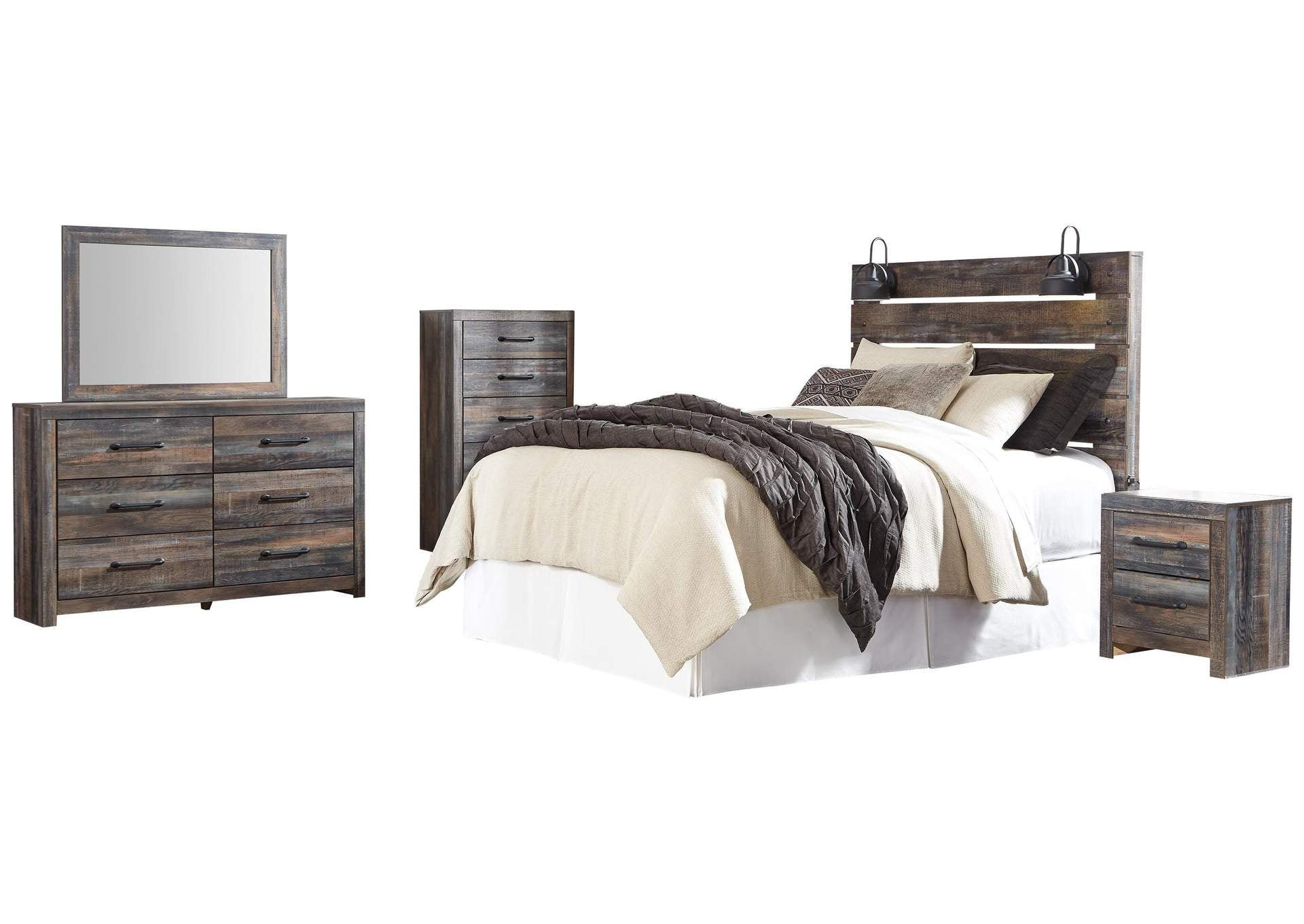 Drystan Queen Panel Headboard Bed with Mirrored Dresser, Chest and Nightstand