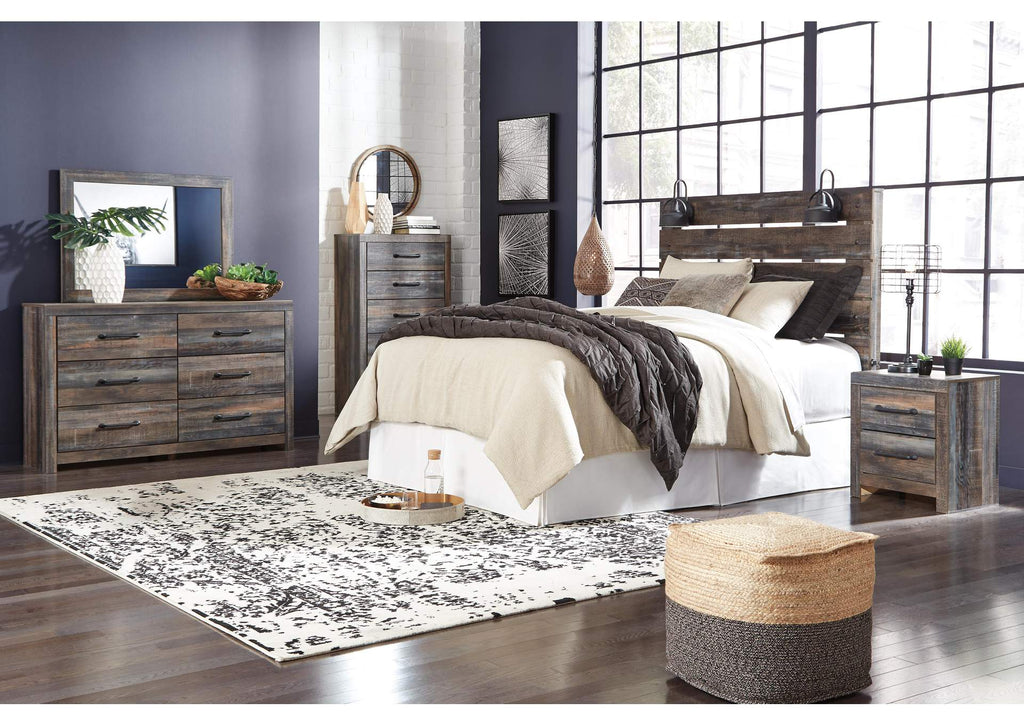 Drystan Queen Panel Headboard Bed with Mirrored Dresser, Chest and Nightstand