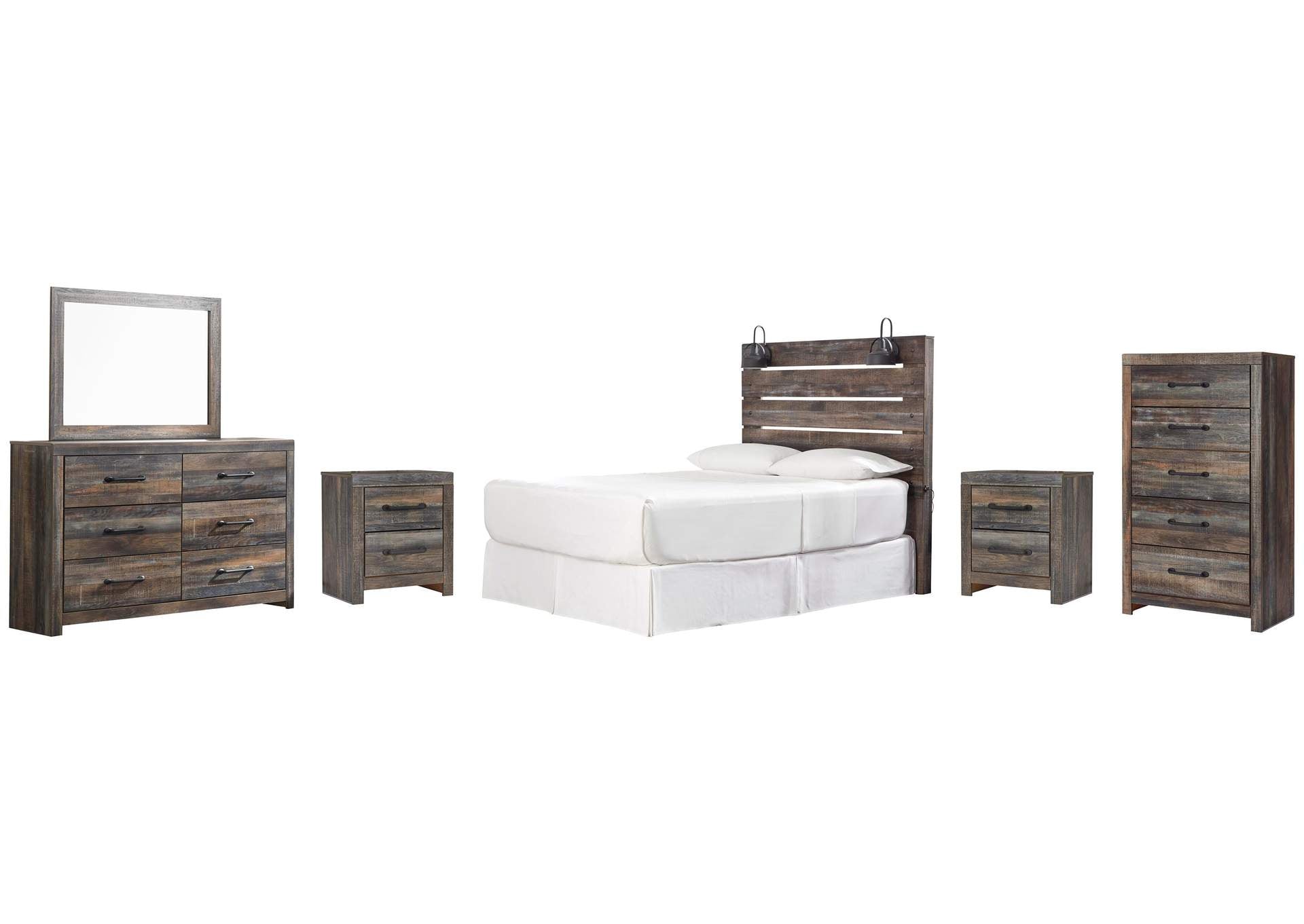Drystan Queen Panel Headboard Bed with Mirrored Dresser, Chest and 2 Nightstands