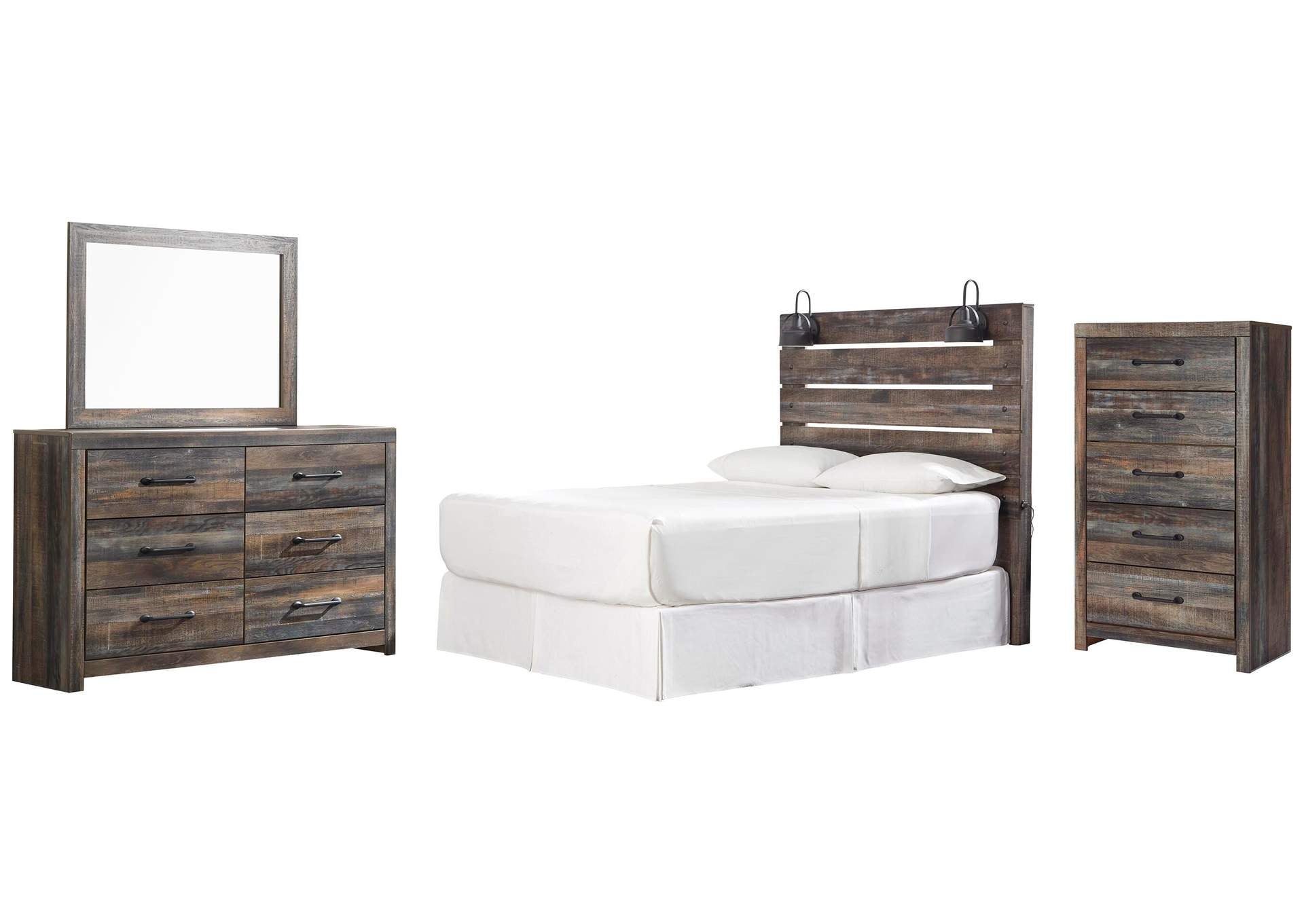 Drystan Queen Panel Headboard Bed with Mirrored Dresser and Chest