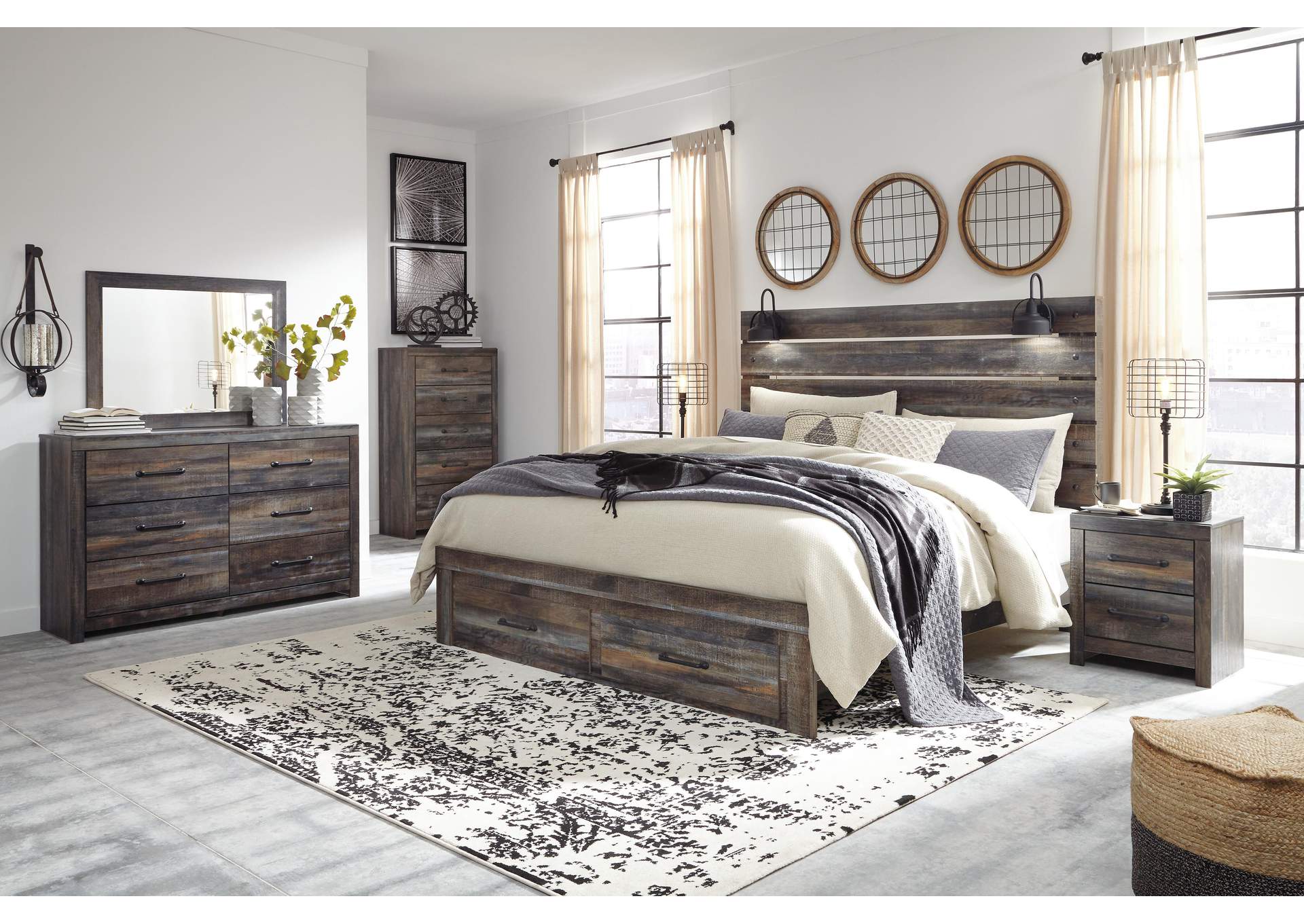 Drystan King Panel Bed with Storage with Mirrored Dresser and Chest