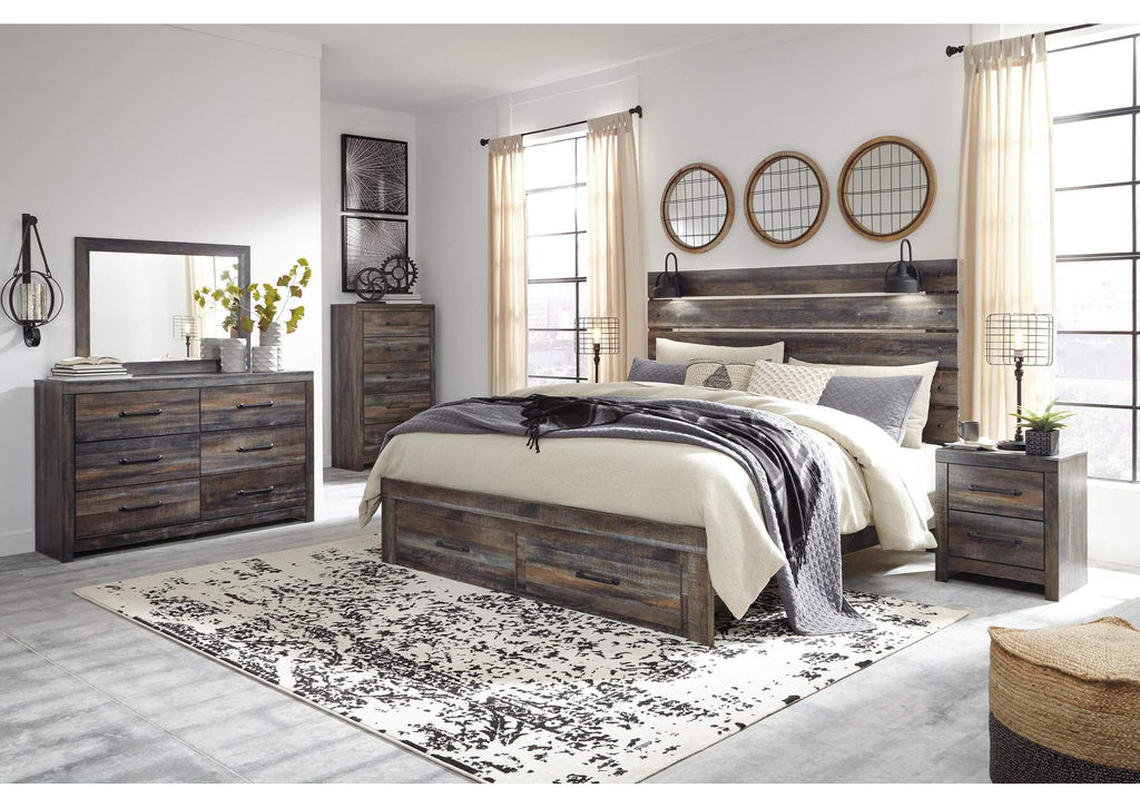 Drystan King Panel Bed with Storage with Mirrored Dresser, Chest and 2 Nightstands