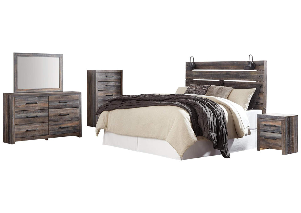 Drystan King Panel Headboard Bed with Mirrored Dresser, Chest and Nightstand