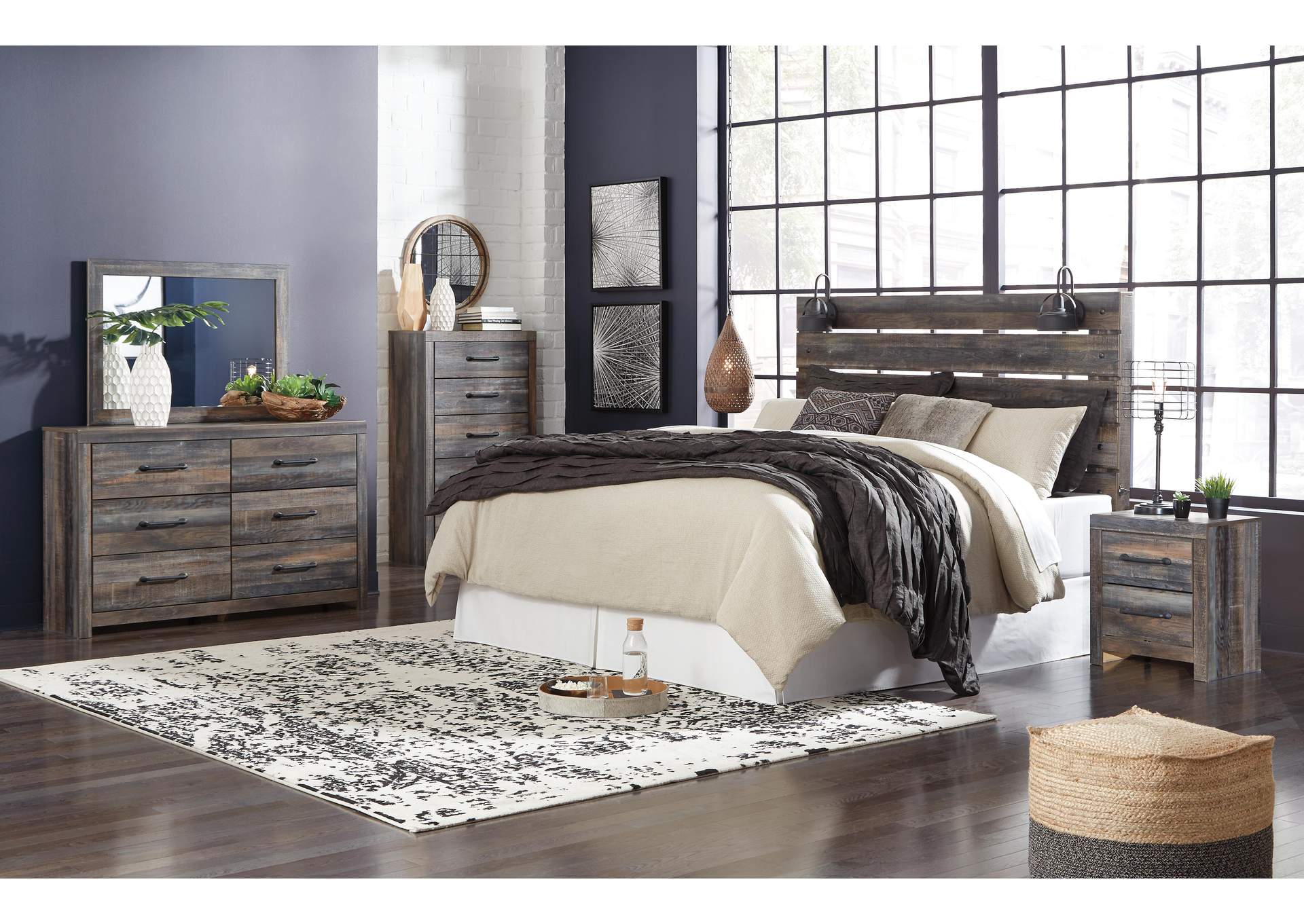 Drystan King Panel Headboard Bed with Mirrored Dresser, Chest and Nightstand