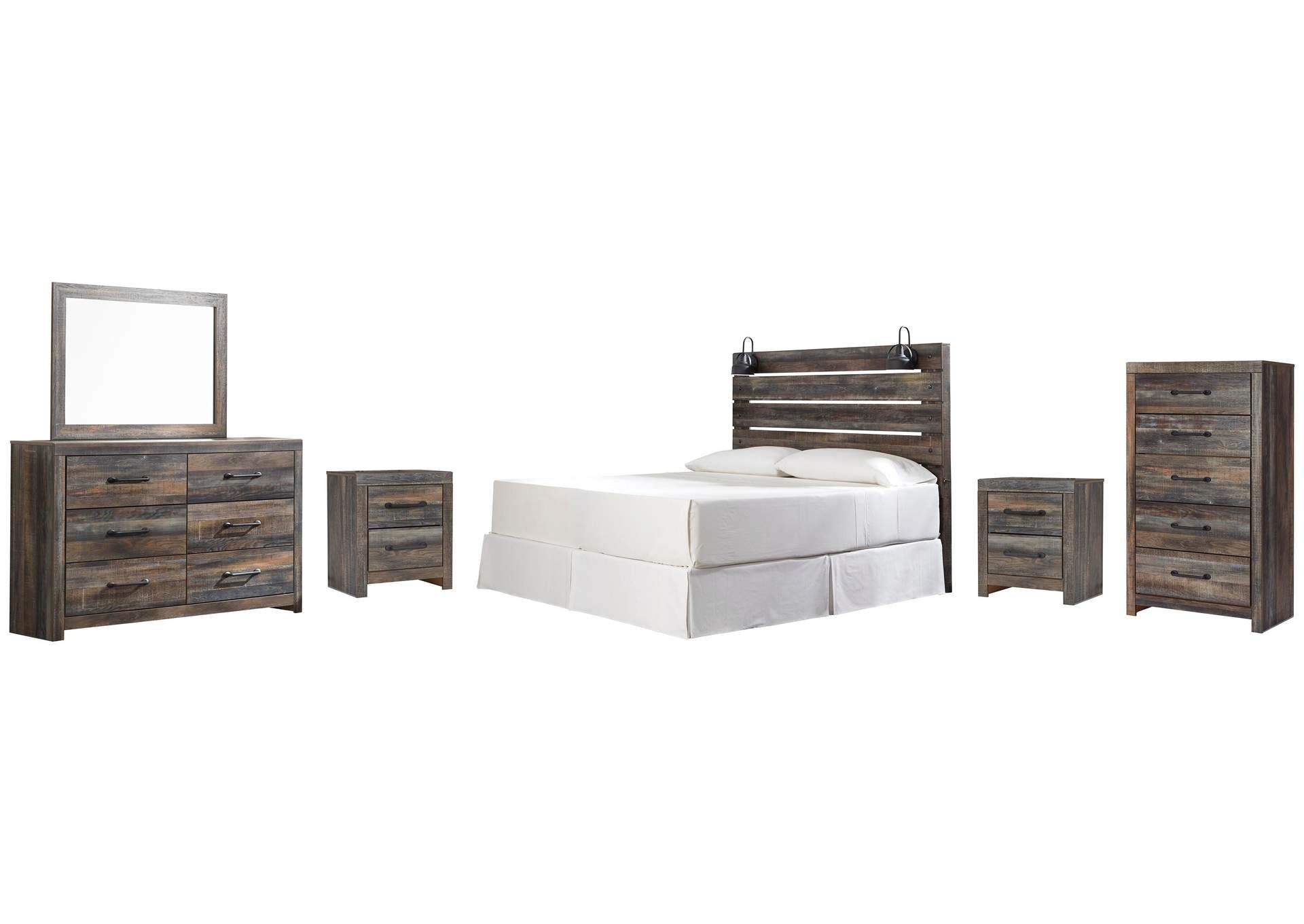 Drystan King Panel Headboard Bed with Mirrored Dresser, Chest and 2 Nightstands