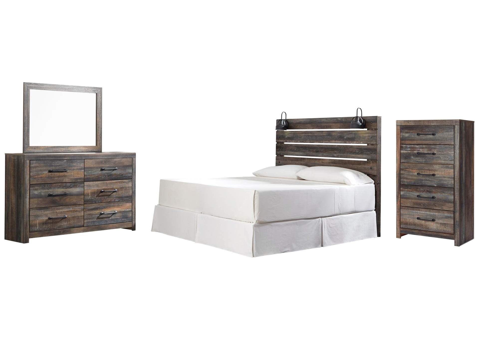 Drystan King Panel Headboard Bed with Mirrored Dresser and Chest