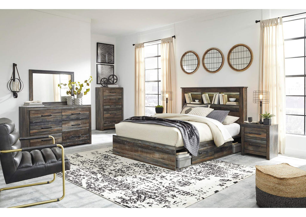 Drystan Queen Bookcase Bed with 4 Storage Drawers, Dresser, Mirror, Chest and 2 Nightstands