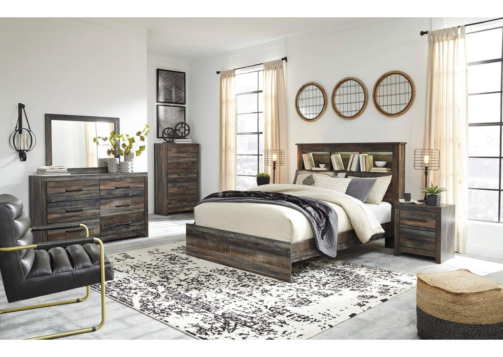 Drystan Queen Bookcase Headboard, Dresser, Mirror, Chest and 2 Nightstands