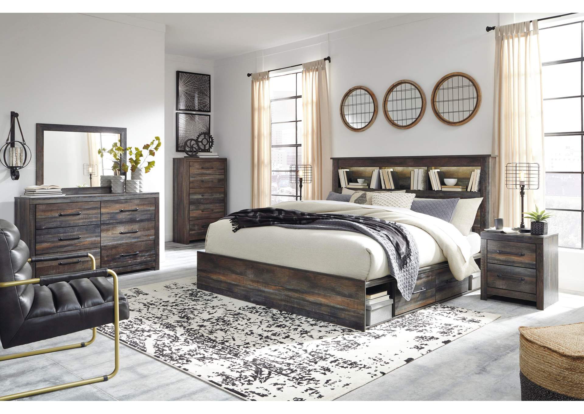 Drystan King Bookcase Bed with 2 Storage Drawers with Mirrored Dresser and 2 Nightstands