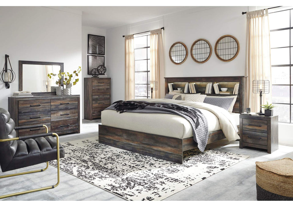 Drystan King Panel Bookcase Bed with Mirrored Dresser, Chest and Nightstand