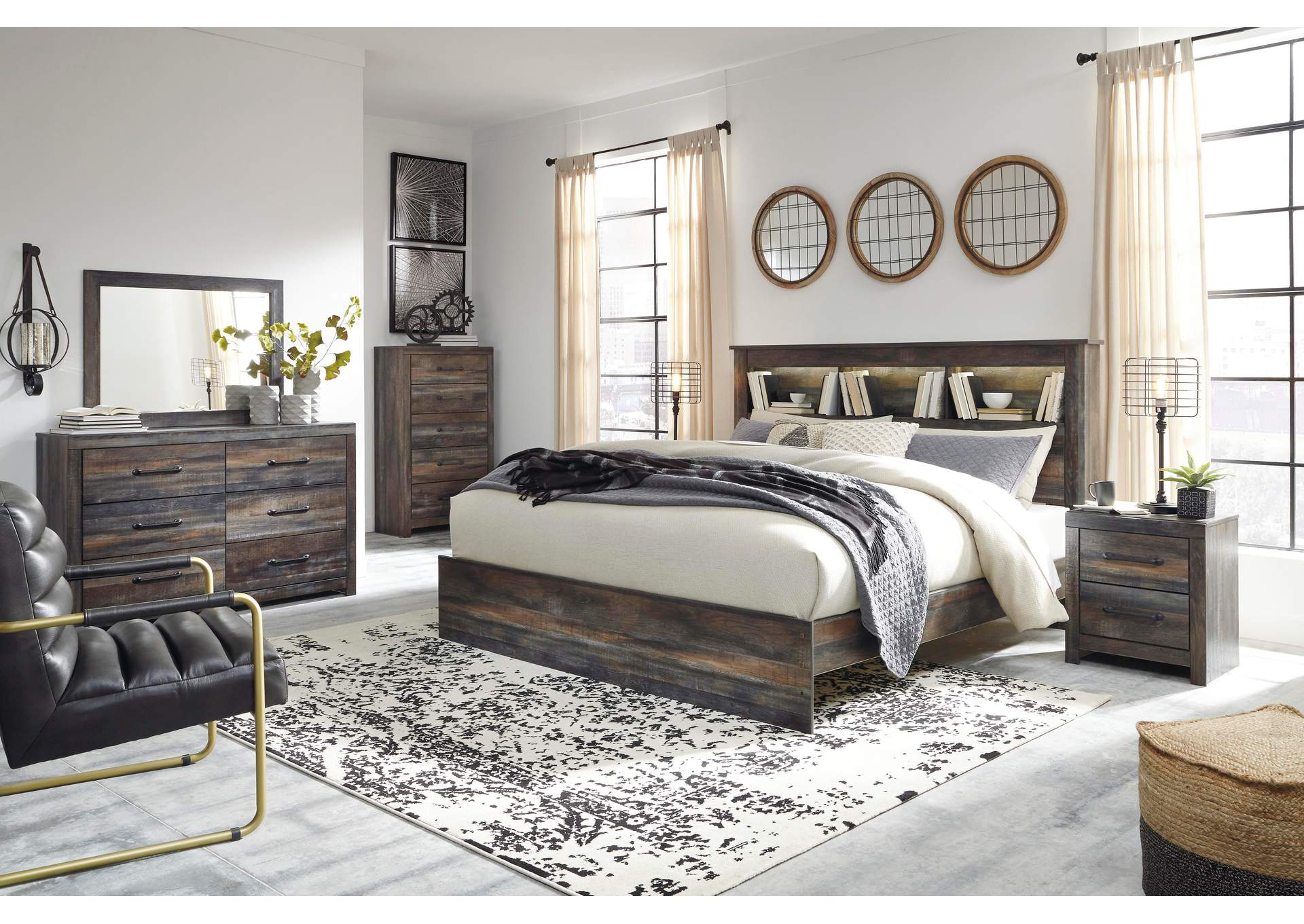 Drystan King Panel Bookcase Bed with Mirrored Dresser, Chest and 2 Nightstands