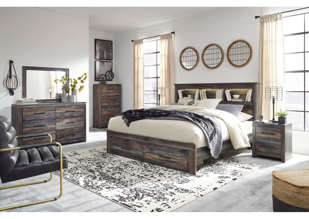 Drystan Queen Bookcase Bed with 2 Storage Drawers with Mirrored Dresser, Chest and Nightstand