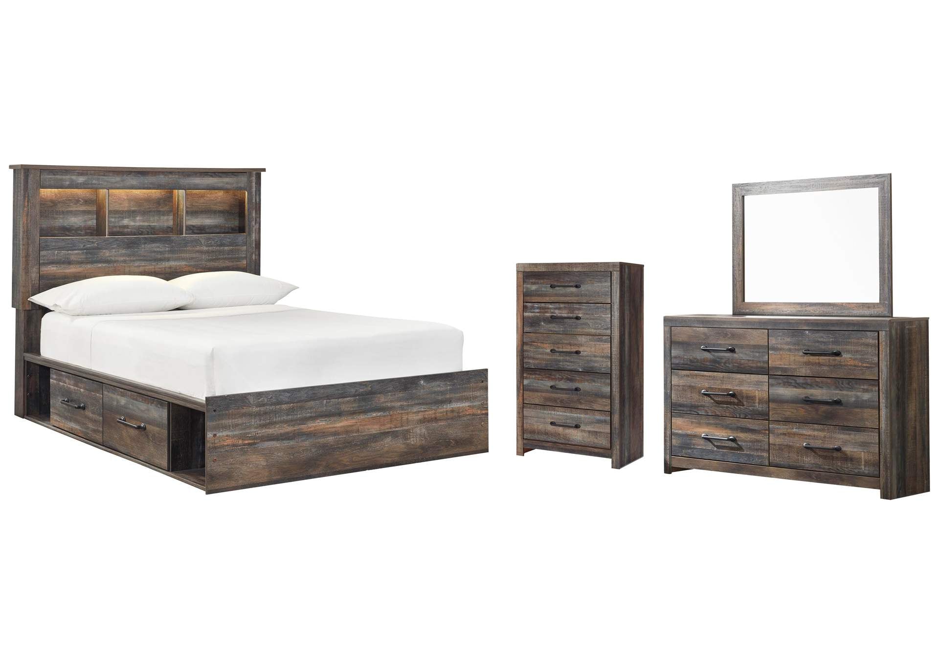 Drystan Full Bookcase Bed with 2 Storage Drawers with Mirrored Dresser and Chest
