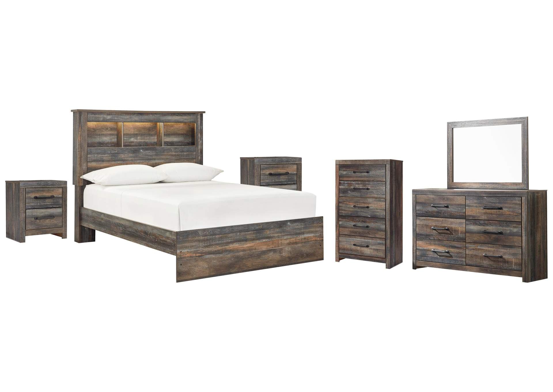 Drystan Full Bookcase Bed with Mirrored Dresser, Chest and 2 Nightstands