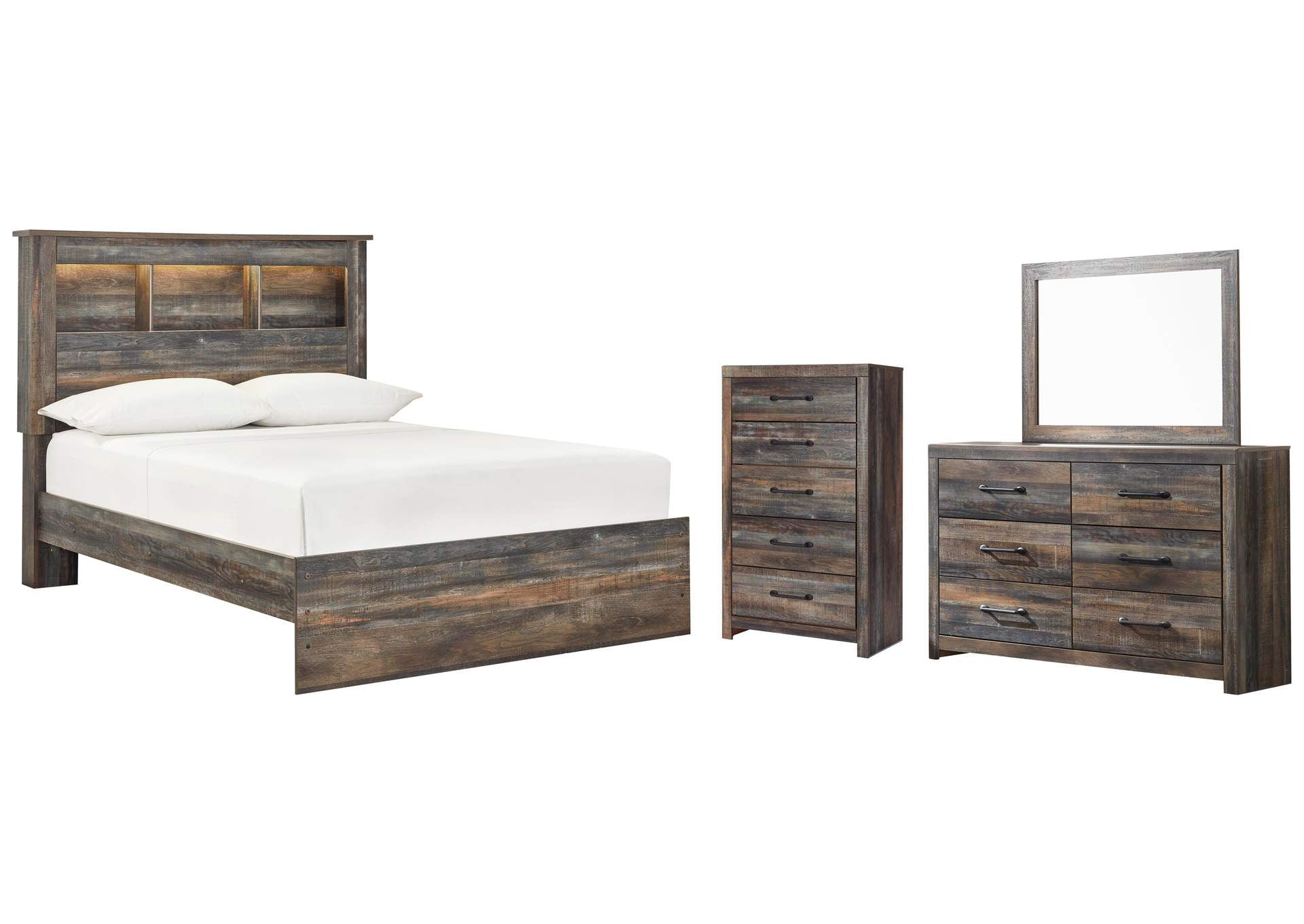 Drystan Full Bookcase Bed with Mirrored Dresser and Chest