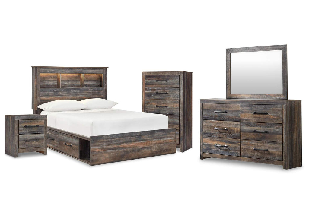 Drystan Full Bookcase Bed with 2 Storage Drawers with Mirrored Dresser, Chest and Nightstand