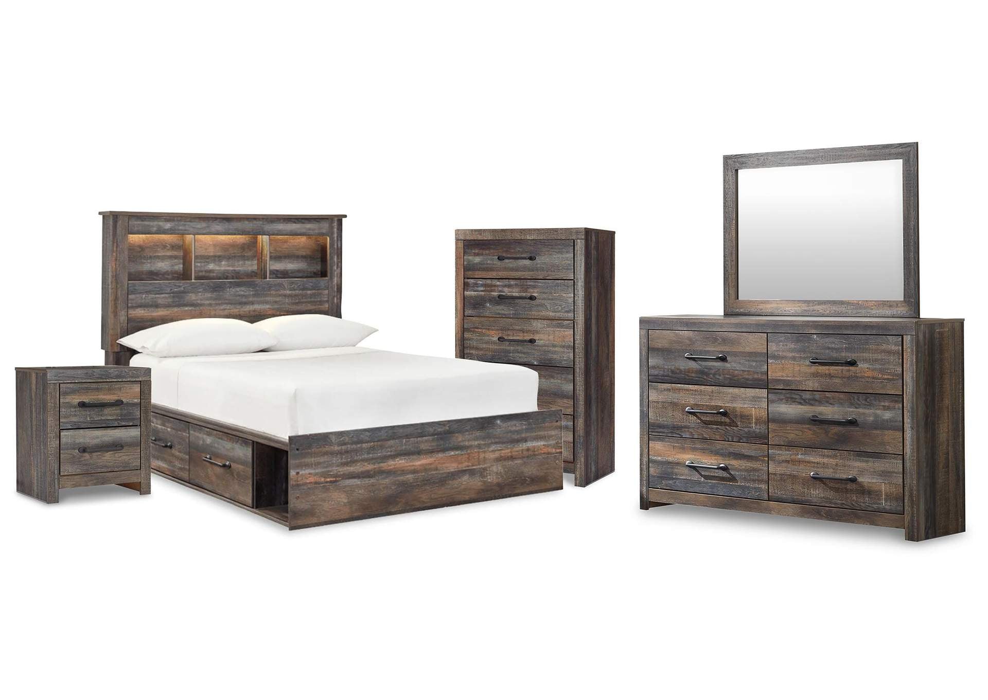 Drystan Full Bookcase Bed with 2 Storage Drawers with Mirrored Dresser, Chest and Nightstand