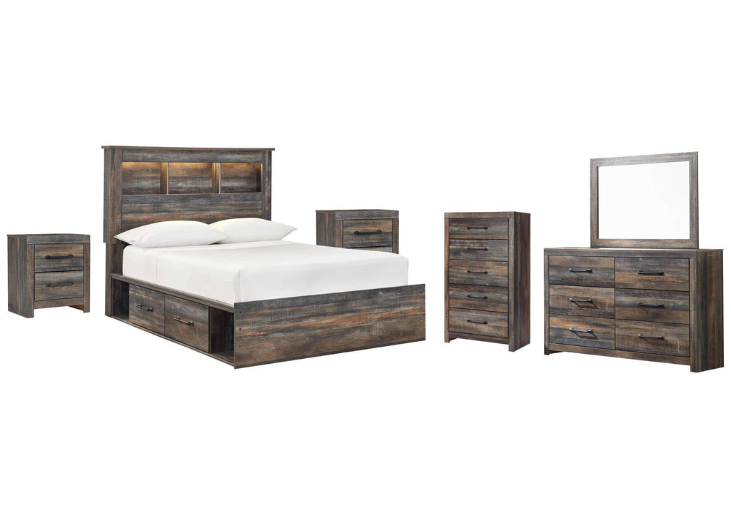 Drystan Full Bookcase Bed with 2 Storage Drawers with Mirrored Dresser, Chest and 2 Nightstands