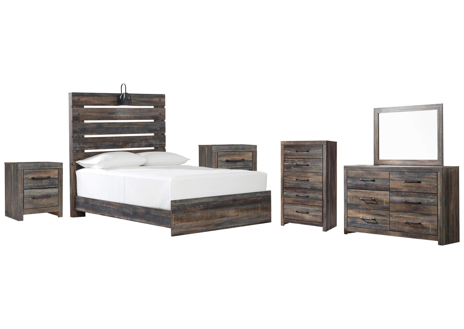 Drystan Full Panel Bed with Mirrored Dresser, Chest and 2 Nightstands