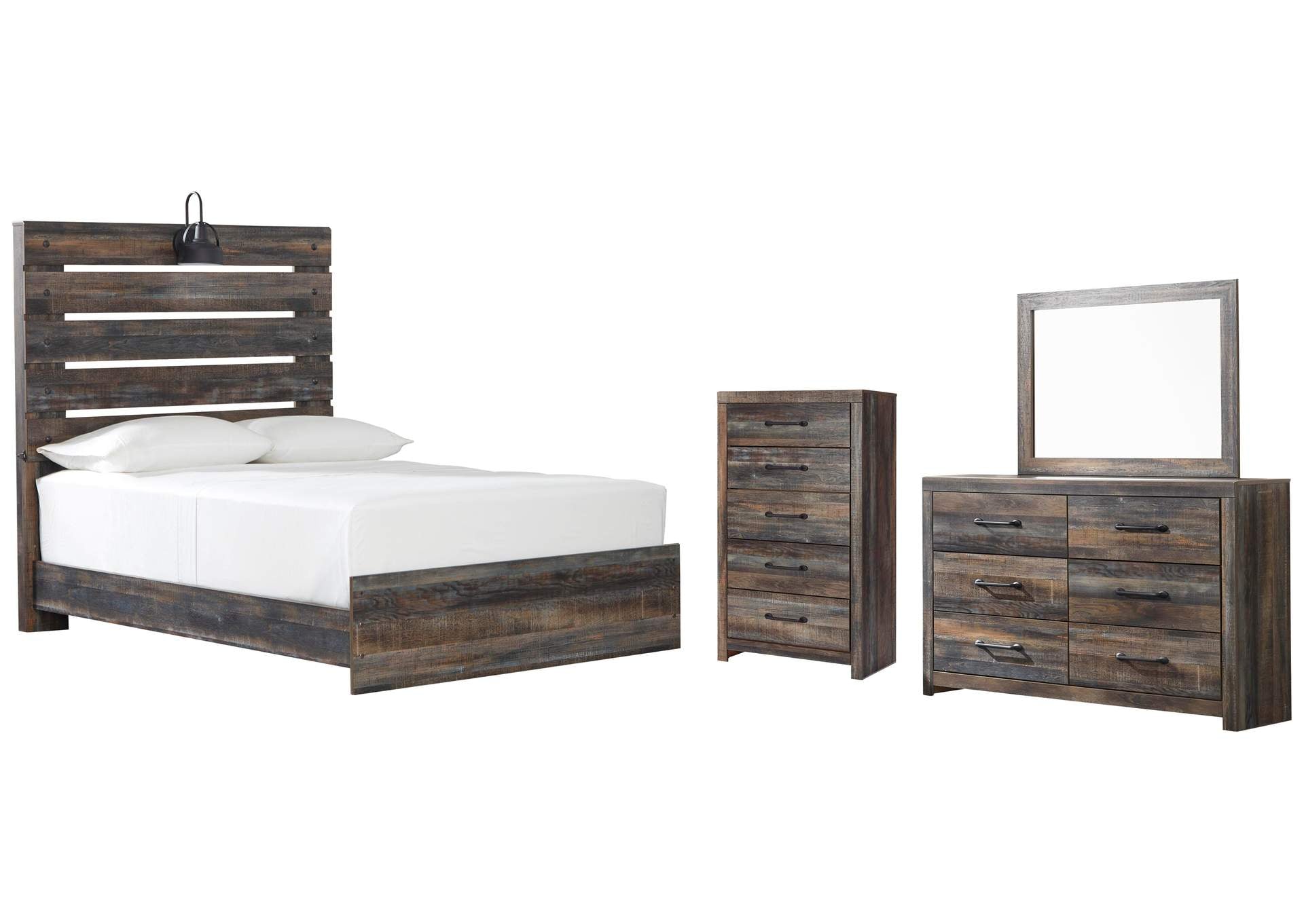 Drystan Full Panel Bed with Mirrored Dresser and Chest