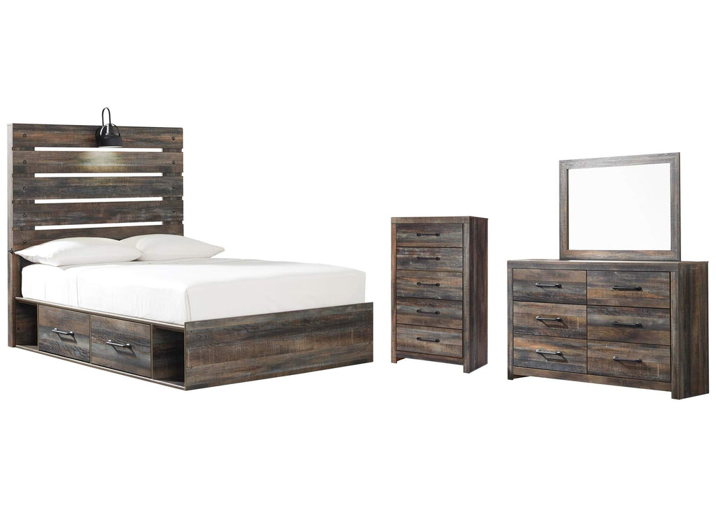 Drystan Full Panel Bed with 2 Storage Drawers with Mirrored Dresser and Chest