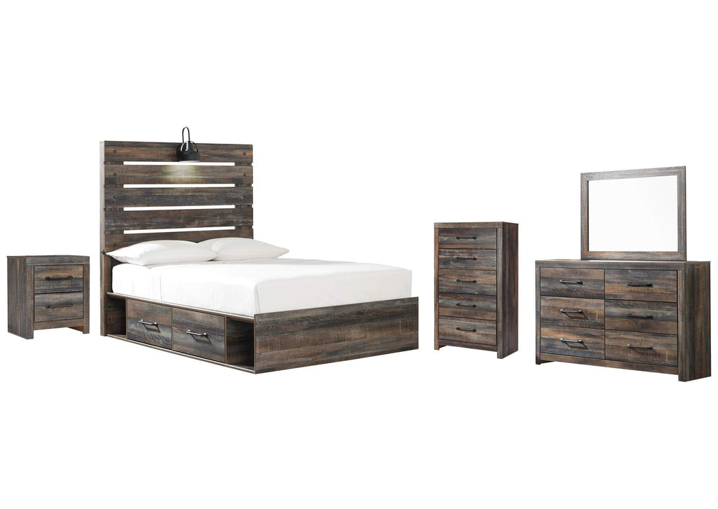 Drystan Full Panel Bed with 2 Storage Drawers with Mirrored Dresser, Chest and Nightstand