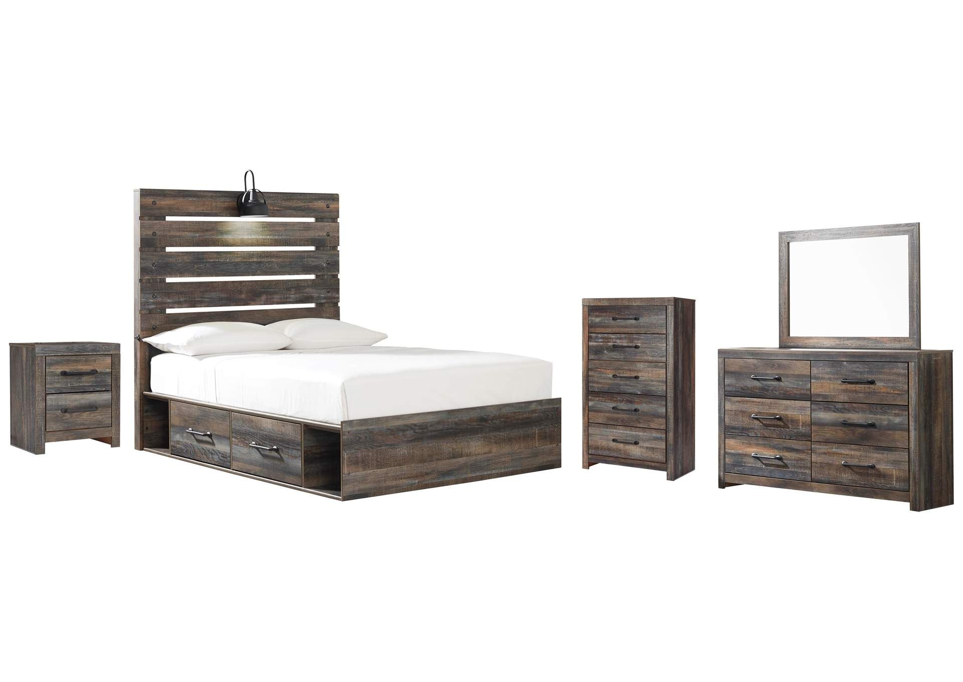 Drystan Full Panel Bed with 2 Storage Drawers with Mirrored Dresser, Chest and Nightstand