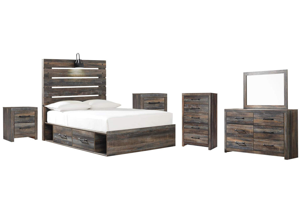 Drystan Full Panel Bed with 2 Storage Drawers with Mirrored Dresser, Chest and 2 Nightstands