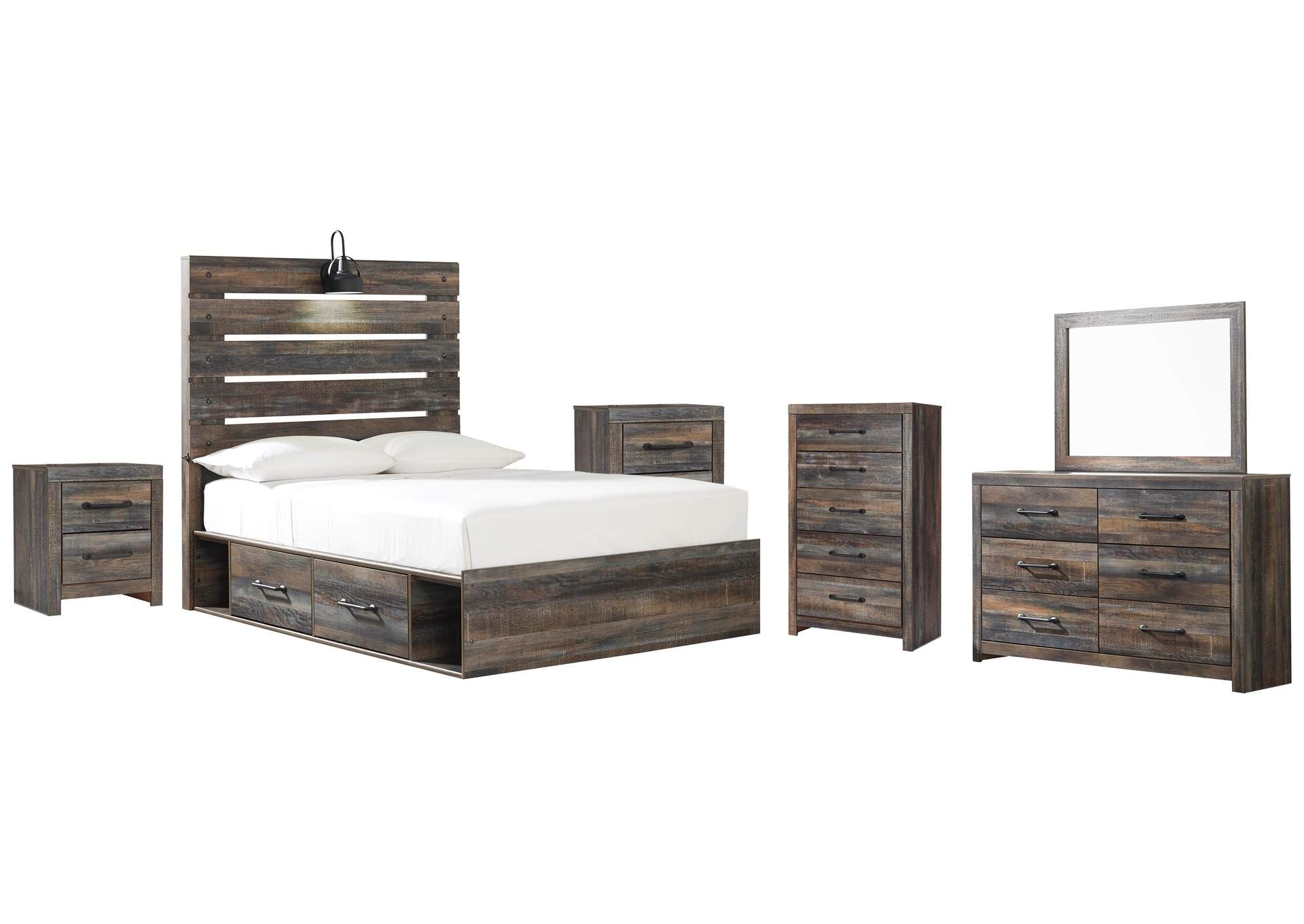 Drystan Full Panel Bed with 2 Storage Drawers with Mirrored Dresser, Chest and 2 Nightstands