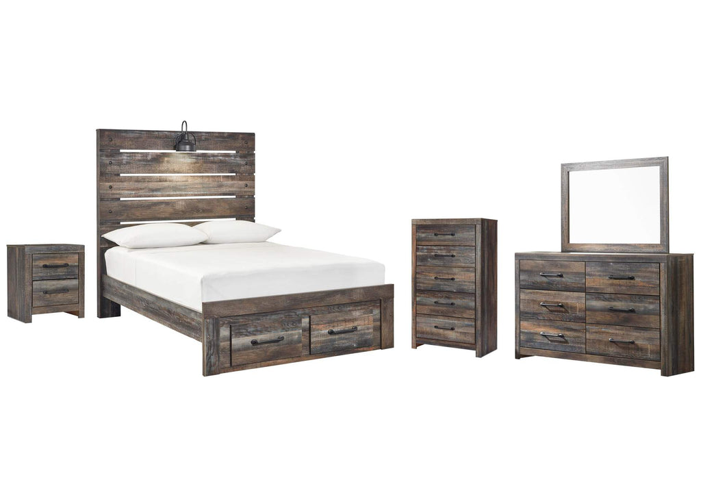 Drystan Full Panel Bed with 2 Storage Drawers with Mirrored Dresser, Chest and Nightstand