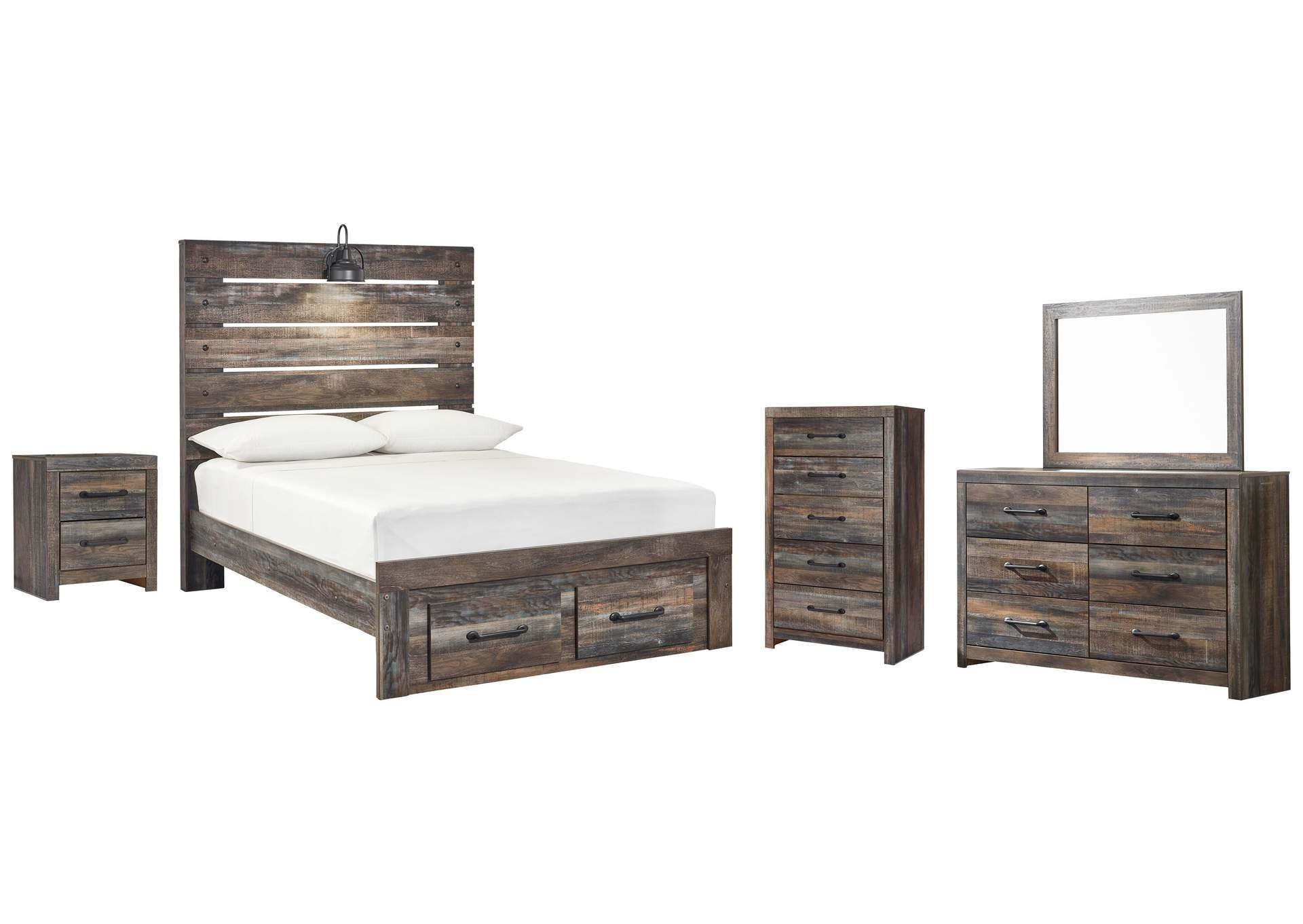 Drystan Full Panel Bed with 2 Storage Drawers with Mirrored Dresser, Chest and Nightstand