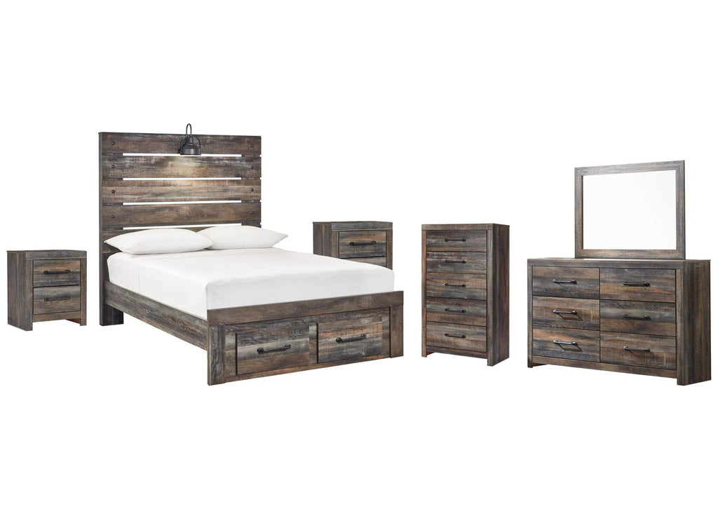 Drystan Full Panel Bed with 2 Storage Drawers with Mirrored Dresser, Chest and 2 Nightstands