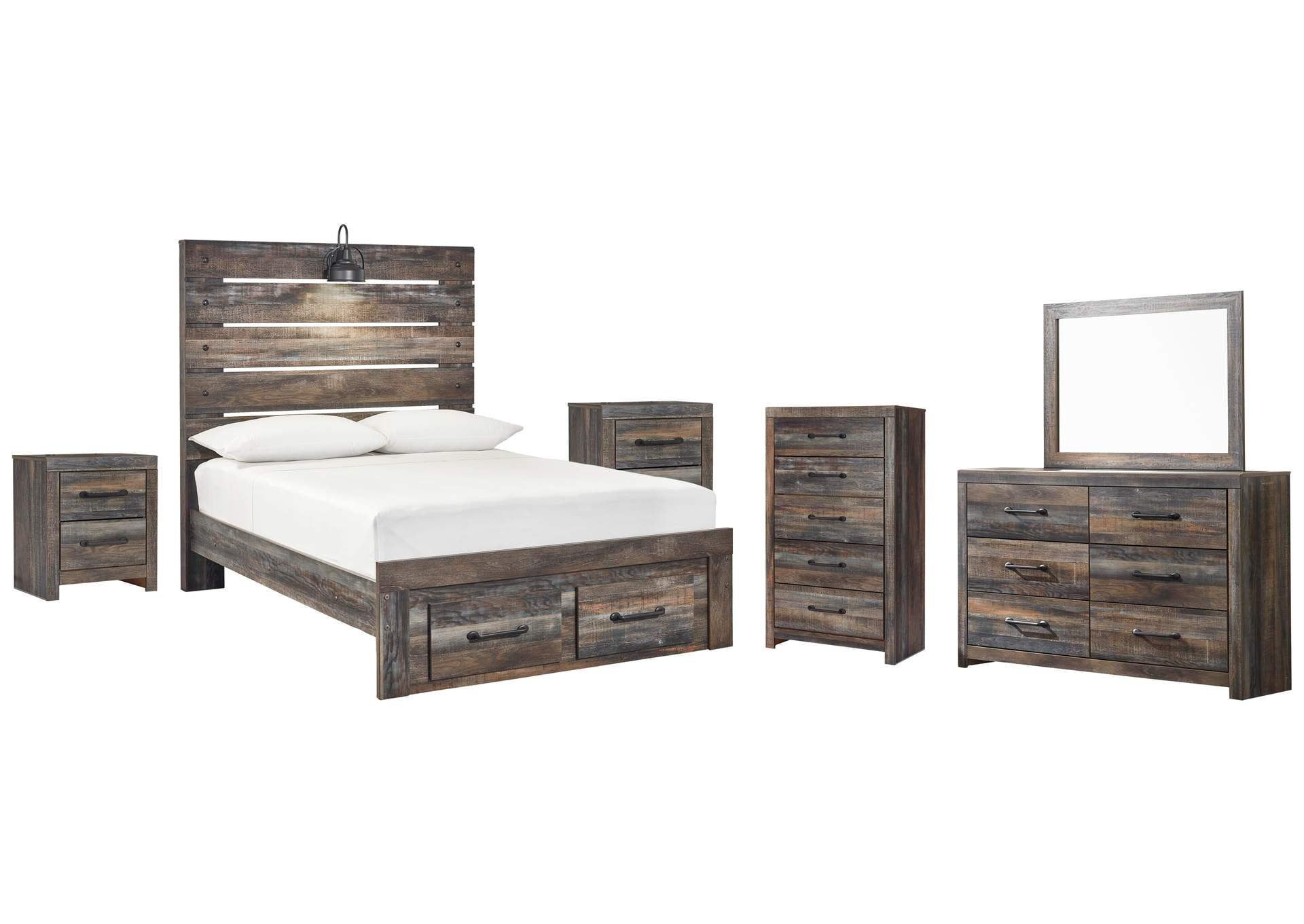 Drystan Full Panel Bed with 2 Storage Drawers with Mirrored Dresser, Chest and 2 Nightstands