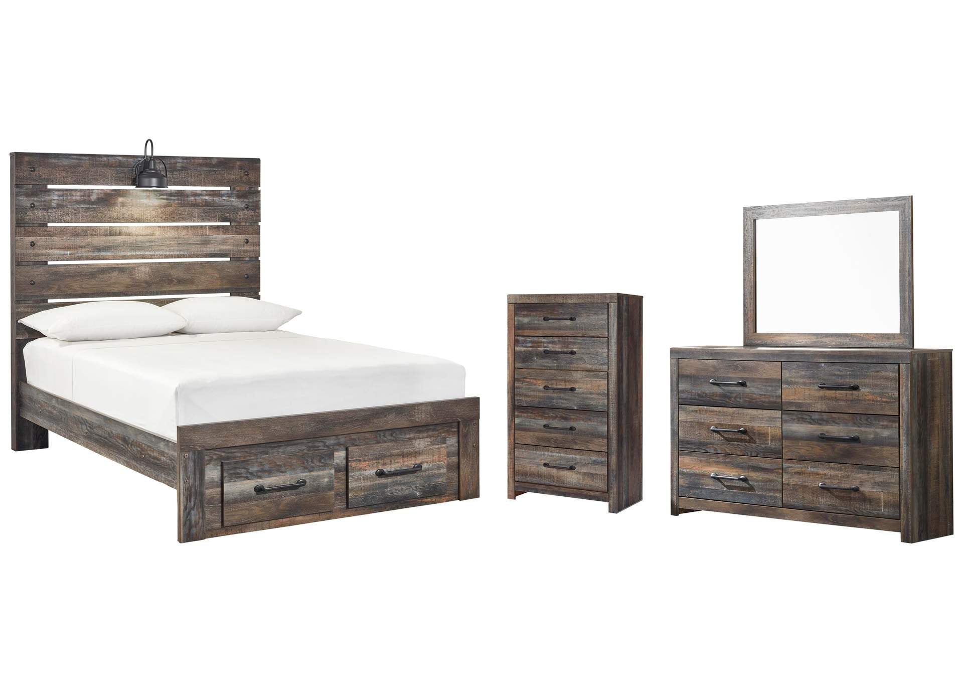 Drystan Full Panel Bed with 2 Storage Drawers with Mirrored Dresser and Chest