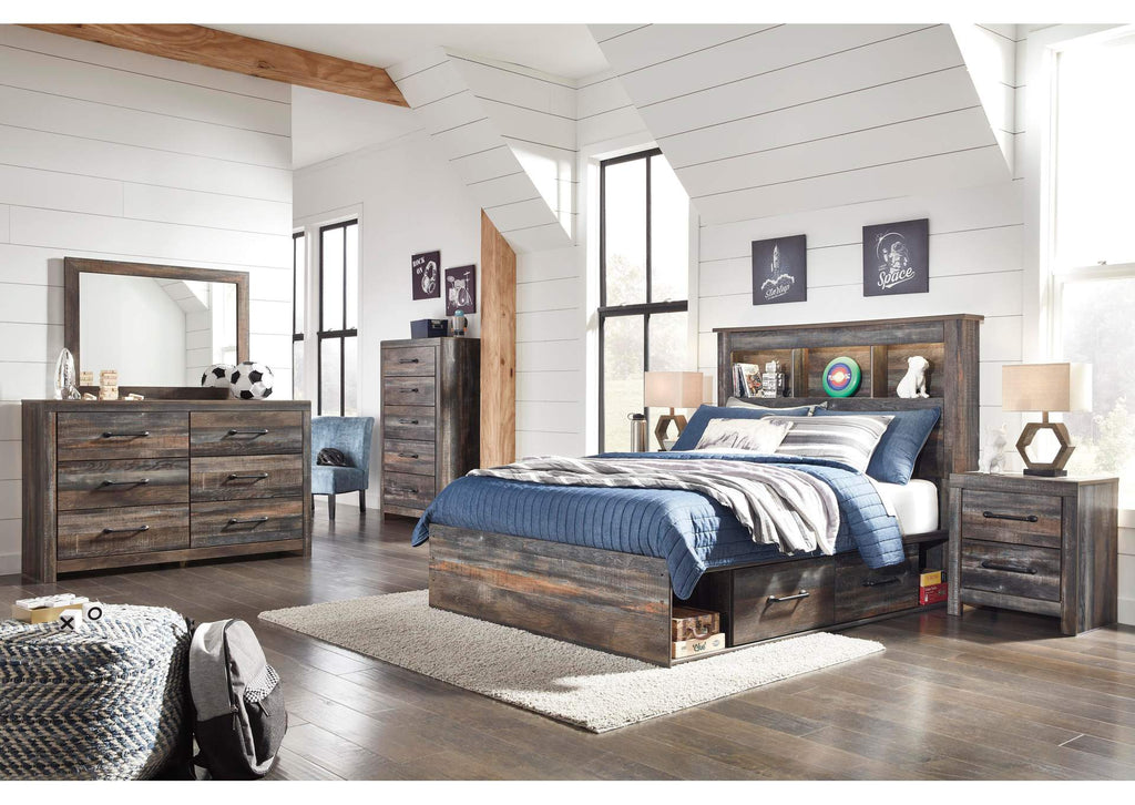 Drystan Full Bookcase Bed with 2 Storage Drawers with Mirrored Dresser, Chest and 2 Nightstands