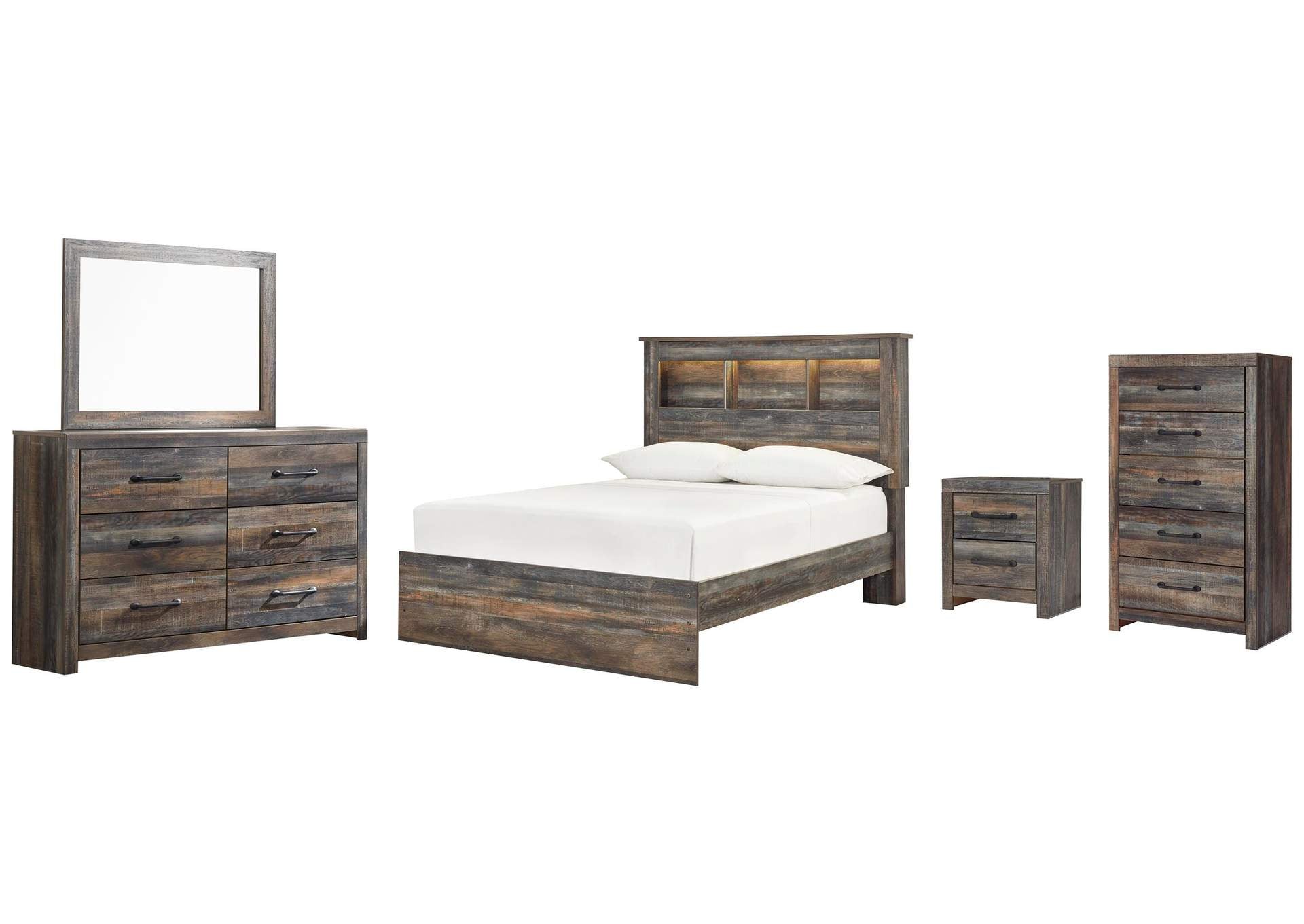 Drystan Full Bookcase Bed with Mirrored Dresser, Chest and Nightstand