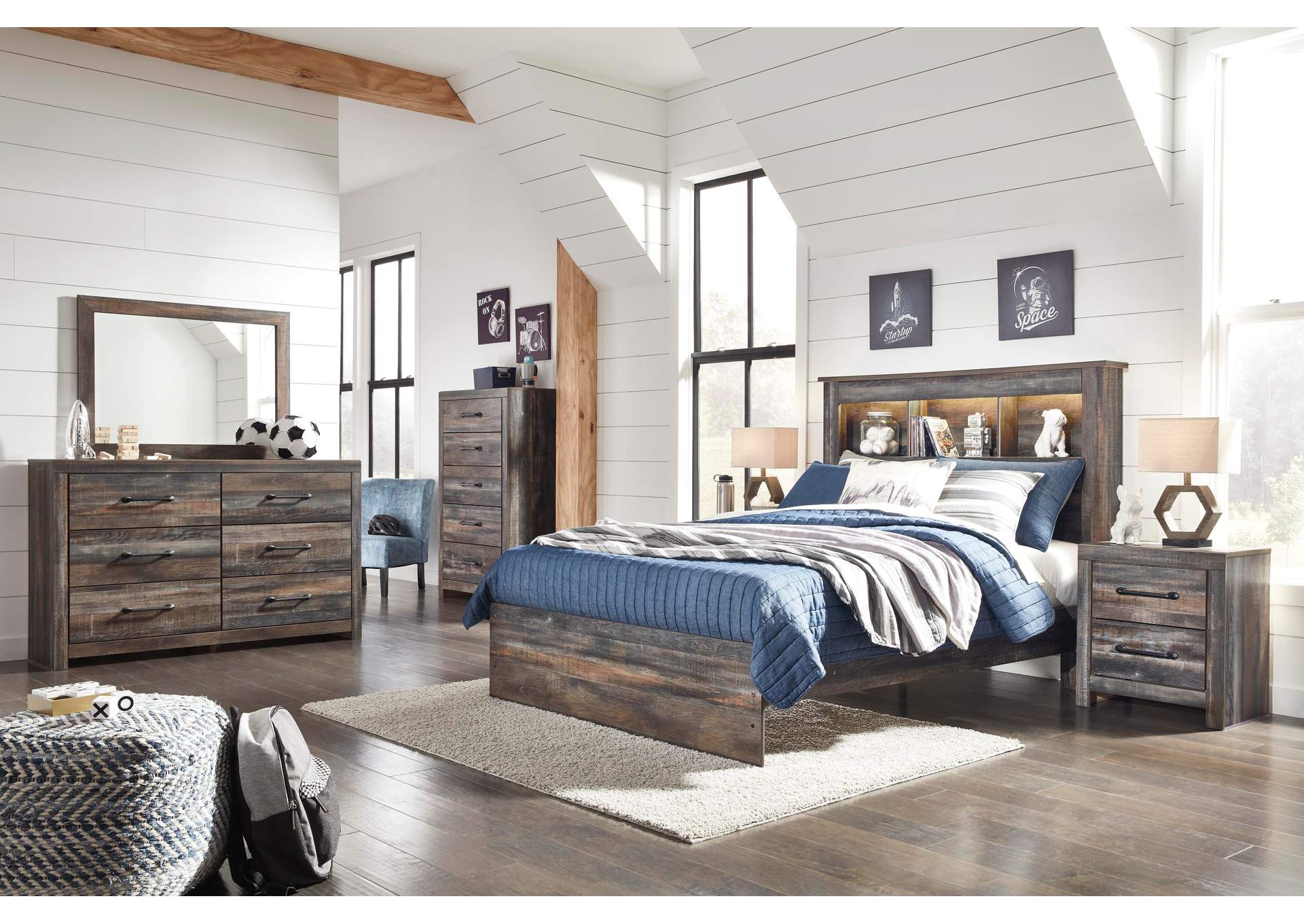 Drystan Full Bookcase Headboard, Dresser, Mirror, Chest and 2 Nightstands