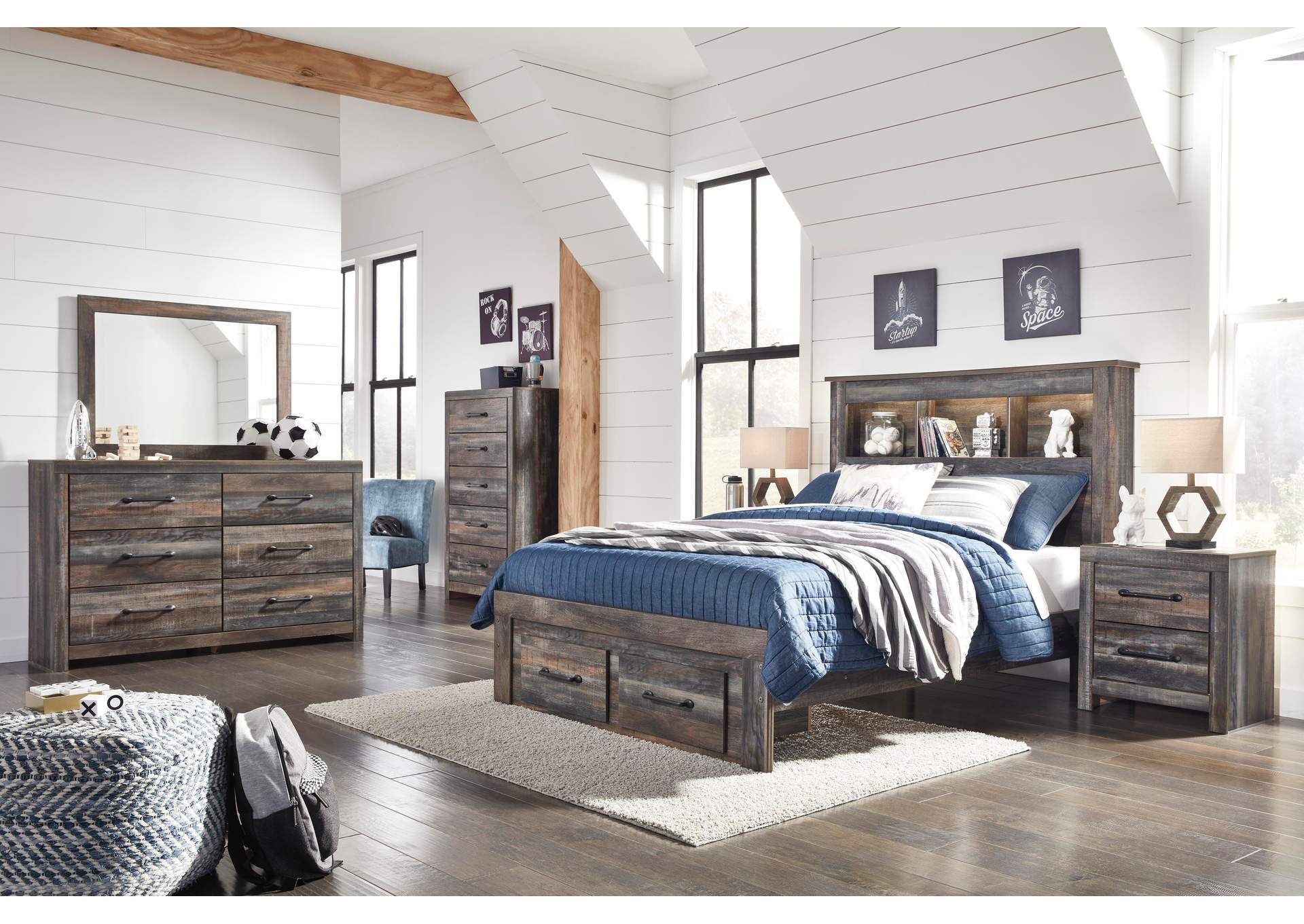 Drystan King Bookcase Bed with 2 Storage Drawers with Dresser