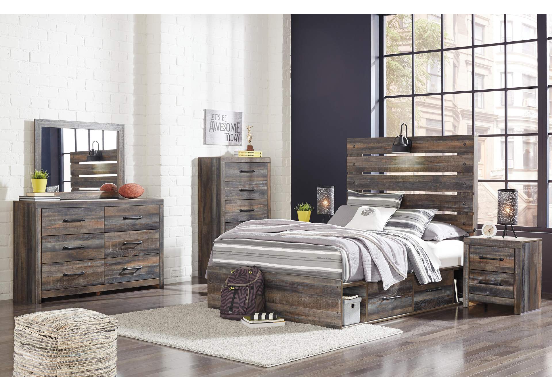 Drystan Full Panel Bed with 2 Storage Drawers with Mirrored Dresser, Chest and Nightstand