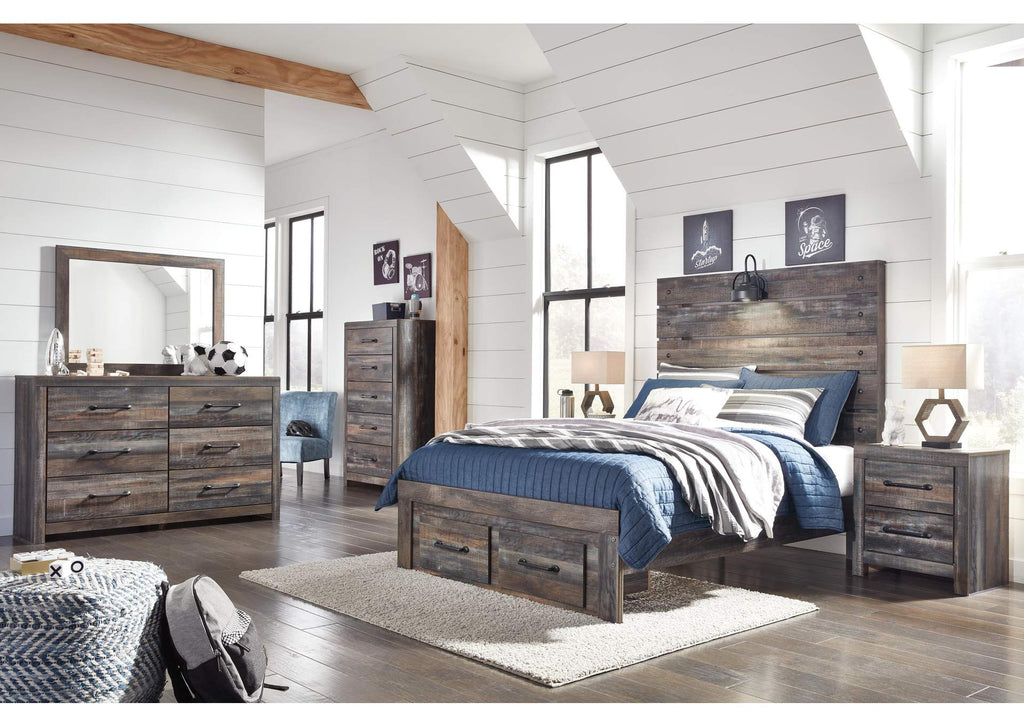 Drystan Full Panel Bed with 2 Storage Drawers with Mirrored Dresser and 2 Nightstands