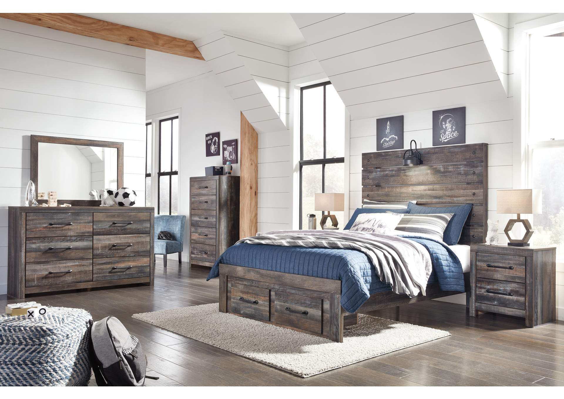 Drystan Full Panel Bed with 2 Storage Drawers with Mirrored Dresser and Chest