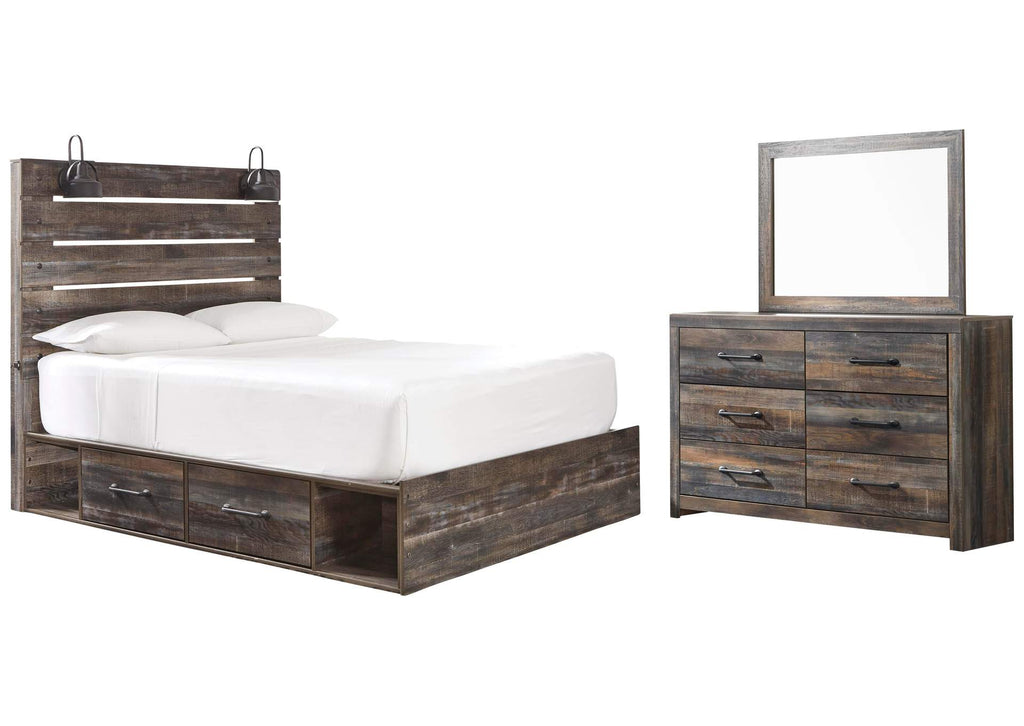 Drystan Twin Panel Bed with 2 Storage Drawers with Mirrored Dresser