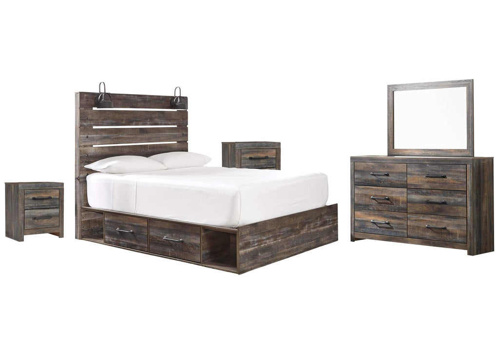 Drystan Twin Panel Bed with 2 Storage Drawers with Mirrored Dresser and 2 Nightstands
