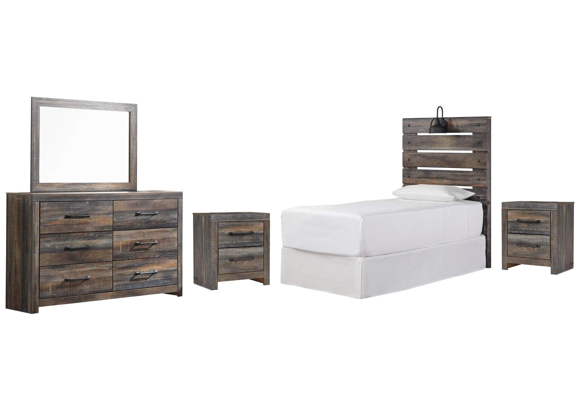 Drystan Twin Panel Headboard Bed with Mirrored Dresser and 2 Nightstands