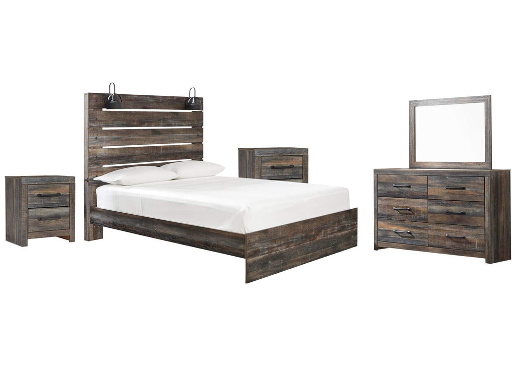 Drystan Queen Panel Bed with Mirrored Dresser and 2 Nightstands
