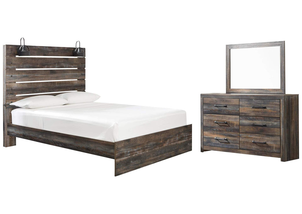 Drystan Queen Panel Bed with Mirrored Dresser