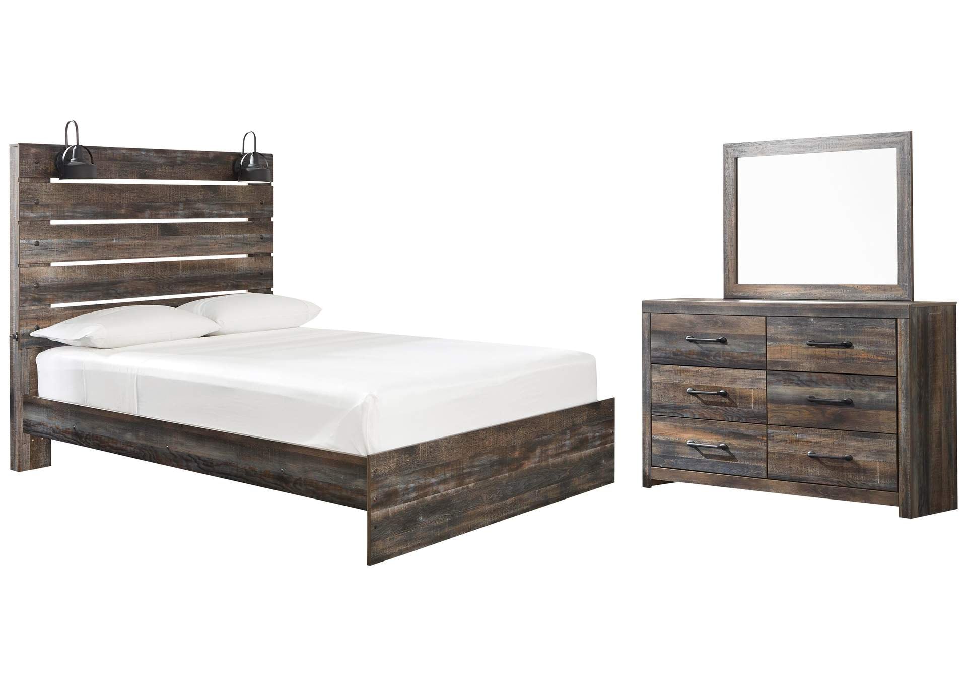 Drystan Queen Panel Bed with Mirrored Dresser
