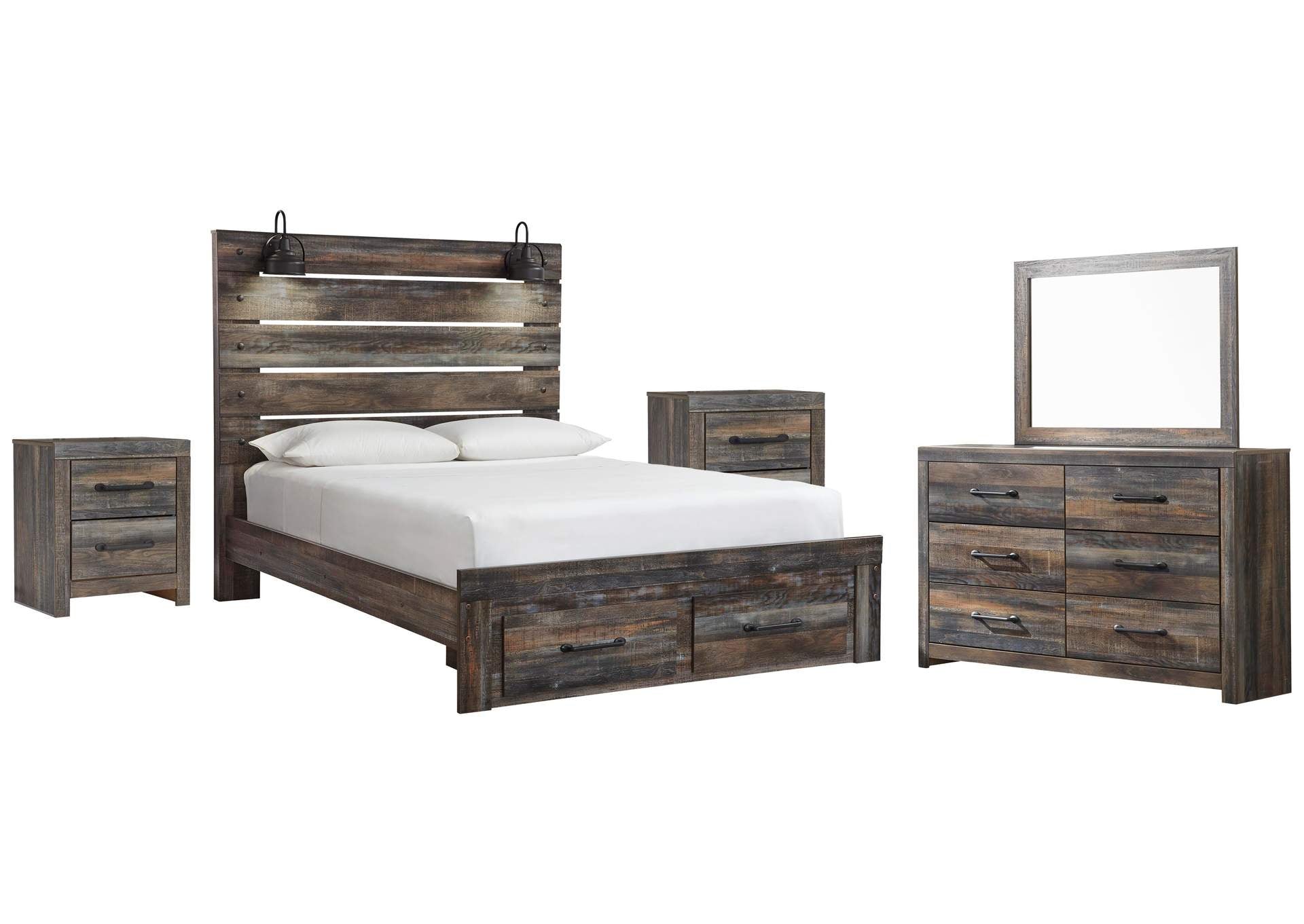 Drystan Queen Panel Bed with 2 Storage Drawers with Mirrored Dresser and 2 Nightstands