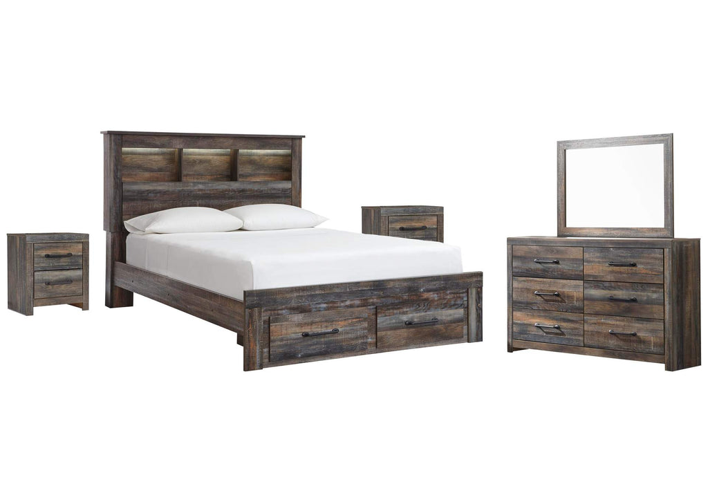 Drystan Queen Bookcase Bed with 2 Storage Drawers with Mirrored Dresser and 2 Nightstands