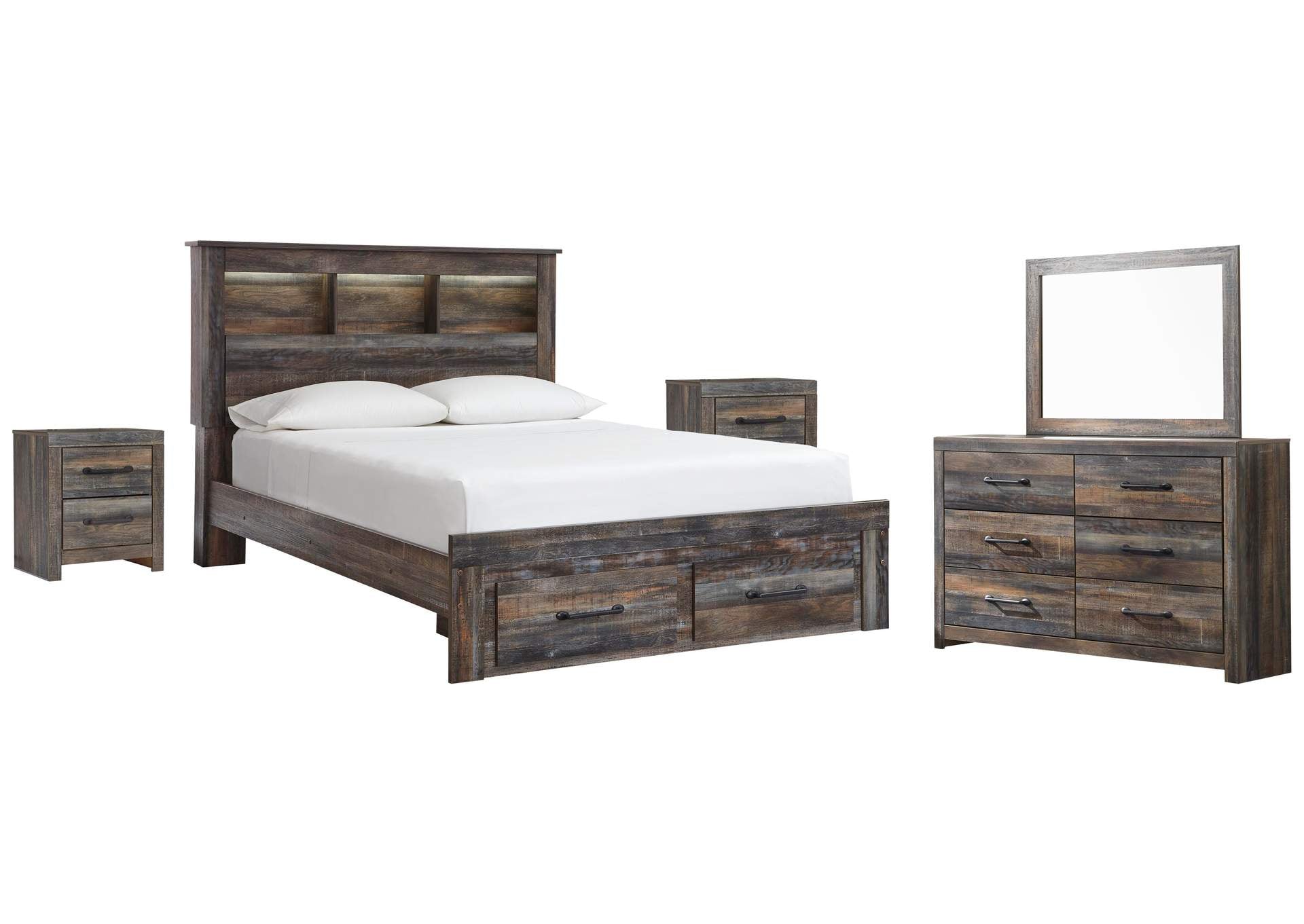 Drystan Queen Bookcase Bed with 2 Storage Drawers with Mirrored Dresser and 2 Nightstands